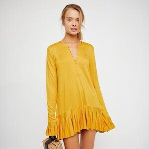Free People Your Girl Crinkly Texture Ruffled Hem Sleeves Cuffs Mini Tunic Dress